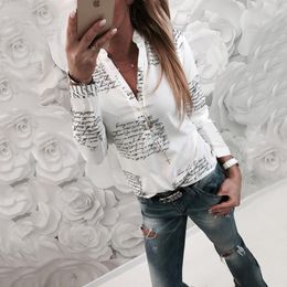 Letters Printed Buttons V-neck Sexy Tops Autumn Women Fashion Lady White Blouse Long Sleeve Shirts Spring Blusas Plus Size 210419
