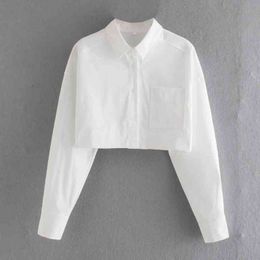 Summer Women Pocket Decoration White Short Shirt Female Long Sleeve Blouse Casual Lady Loose Crop Tops Blusas S8978 210430