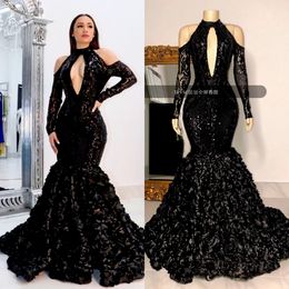 2022 Black Tiered Skirts Prom Dresses African High Neck 3D Lace Flowers Sequined Evening Gowns Plus Size Reflective Dress3074