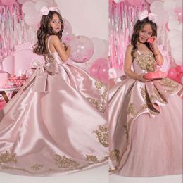 Pink Girls Pageant Dresses Gold Lace Appliques Crystal Beads Flower Girl Dress Children Long Spaghetti Straps Kids Birthday Gowns With Bow Sweep Train