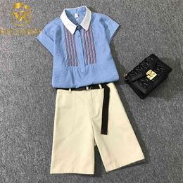 Korea Women 2 Piece Set Elegant Stripe Turn Down Collar Short Sleeve Chiffon Shirt + High Waist Mini Skorts Suit Sets 210506