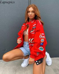 Autumn and Winter Sports Style Red Printed Casual Loose Long Sleeve Coat Jacket Women Oversized Jackets for