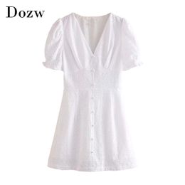 White Embroidered Cotton Mini Dress Women Ruffle Short Sleeve Chic Dresses Summer V Neck Party Dress Robe Femme 210414