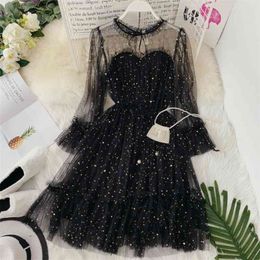 Women Prom Star Shiny Sequins Gauze Dresses Flare Sleeve Lace-up Princess Dress Female Elegant Chrismas Mesh Puff dresses 210409