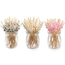 Disposable Dinnerware 100 PCs Cocktail Toothpicks Pearl Bamboo Picks Wooden Skewer Fruit Snack Fork Party Wedding Festival Supplies