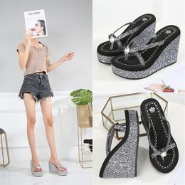 Shoes Woman 2021 House Slippers Platform On A Wedge Glitter Slides Heeled Mules Pantofle Rubber Flip Flops Jelly High