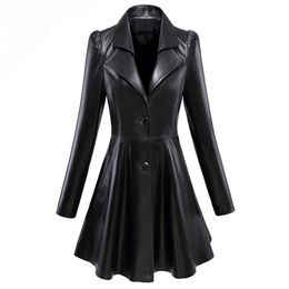 Nerazzurri Fit and flare faux leather coat notched lapel long sleeve puff sleeve Skirted Black Elegant leather blazer slim fit 210916