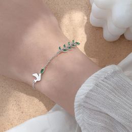 Link, Chain Retro Classic Design Silver Plated Swallow Bracelet For Women CZ Crystal Green Rhinestone Leaf Wedding Party Jewellery