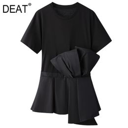 Women Black Patchwork Asymmetrical Bow T-shirt Round Neck Short Sleeve Slim Fit Fashion Tide Summer 7E1037 210421