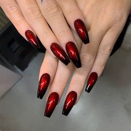 Gradient Red Ombre Nails Extra Long Press on Nail Glossy Square Coffin Full Cover Acrylic False Fingernail Tips
