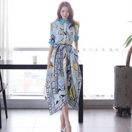 Summer Geometric Print Irregular Women Elegant Contrast Color Turn Down Collar Pocket Long Shirt Dress With Belt 210416