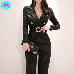 women's Korean temperament suit collar slim slimming high waist strap wide leg jumpsuit 210416