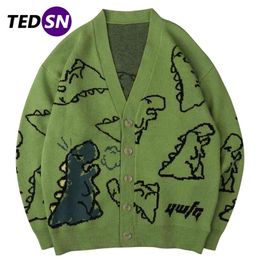 Hip Hop Mens Knitted Sweater Doodle Dinosaur Pattern Harajuku Oversize Streetwear Loose Cardigan Pullover Men Women Coat 210818