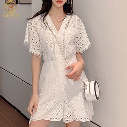 White Lace Hollow Out Embroidery Jumpsuit For Women Fashion Short Sleeve Slim Waist Summer Beach 210520