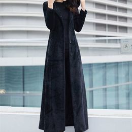 Lautaro Winter Long Black Soft Warm Faux Fur Coat Women with Hood Long Sleeve Slim Fit Maxi Fluffy Korean Fashion 211018
