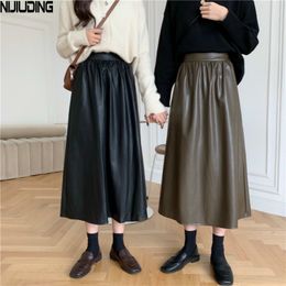 Women Pu Leather Skirts Autumn Winter Solid High Waist Loose Vintage Mid Calf Faux Skirt Faldas Mujer Black 210514