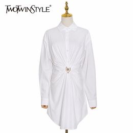 White Hollow Out Dresses For Women Lapel Collar Ruched Casual Loose Female Summer Clothing 210520