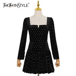TWOTWINSTYLE Dot Elegant Dress For Women Square Collar Long Sleeve High Waist Casual Mini Dresses Female Autumn Fashionable 210517