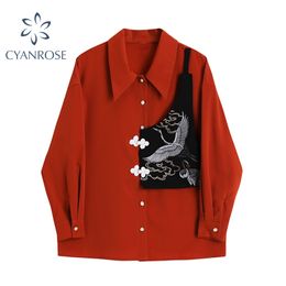 Autumn Long Sleeve Patchwork Blouse Women Korean Casual Fashion Turn Down Collar Loose Streetwear Red Shirt Blusas Female Tops 210417