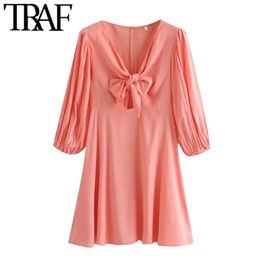 Women Chic Fashion With Bow Tied Pleated Mini Dress Vintage Puff Sleeve Back Zipper Female Dresses Vestidos Mujer 210507