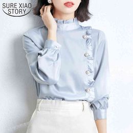 Spring Ruffled Ladies Shirts Korean Elegant Chiffon Shirt Loose Slim Blouse Women Stand Collar Long Sleeve Buttons Tops13201 210415