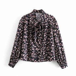 Vintage Women Leopard Print Shirts Autumn Fashion Ladies Bow Collar Tops Elegant Female Chic Full Sleeve Loose Blouse 210427