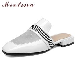 Meotina Summer Slippers Women Shoes Natural Genuine Leather Flat Mules Shoes Cutout Square Toe Slides Female White Size 34-40 9 210608