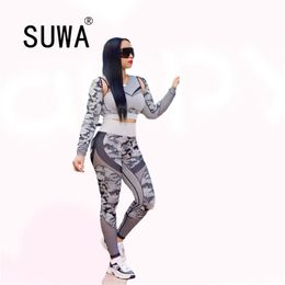Camouflage Off Shoulder Slim-Fit Pullover Top And Joggers Pants Tracksuit Women Two Piece Outfits Sweatsuit Wholesale Clothing 210525
