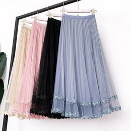 Qooth Tulle Skirt Women Spring Summer Embroidery High Waist Pleated Skirts School Midi Skirt Female Lace Skirts qh2204 210518