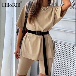 Casual Women's Two Piece Suit With Belt Solid Home Loose Sports Fashion Leisure Bicycles Shorts Set Outfit Summer 210508