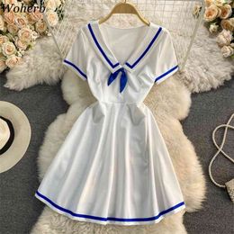 Summer Vestidos Mujer Sweet Preppy Style Dresses Women Sailor Collar A-Line Robe Korean Fashion Slim Dress 95309 210519