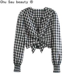 fashion vintage V-neck short bow decoration grid long-sleeved slim shirts crop tops women blouses camisas de mujer 210508