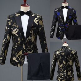 Embroidery Groom Wedding Tuxedos Slim One Button Champagne Pants Suits Mens Prom Party Jacket Coat Formal Outfits 2 Pieces
