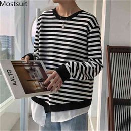 Fake Two Pieces Striped Women Sweatshirt Full Sleeve O-neck Casual Fashion Pullover Korean Loose Female Tops 210513