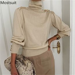 Korean Metal Buttons Knitted Turtleneck Pullover Sweater Women Winter Long Sleeve Solid Fashion Elegant Ladies Jumpers Tops 210513