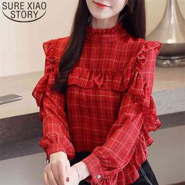 Autumn Fashion Women Blouses Long Sleeve Chiffon Ruffles Tops Red Plaid Stand Clothing Office lady 5306 50 210506