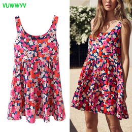 VUWWYV Summer Dress Red Floral Print Mini es Women Strap Backless Beach Woman Casual Pleated Sundresses 210430