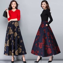 Mom High Waist Warm Vintage Wool Maxi Skirt Womens Winter Plus Size Print Fllower Woollen Skirts Ladies Casual Skirt Saia Longa 210619