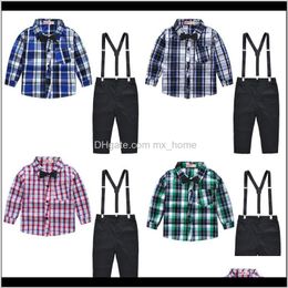 Baby Baby Kids Maternity Drop Delivery 2021 Boys Chequered Clothing Sets Bow Tie Cravat Shirt Stripe Straps Tightness Button Solid Pants Engl