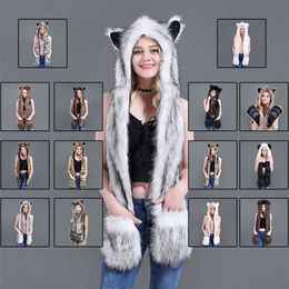 Warm Animal Hat Scarf Glove Integrated Cartoon Winter Imitation Fur Hat For Girls 211207