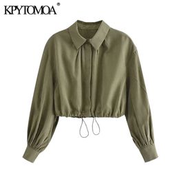 Women Fashion Loose-Fitting Cropped Blouses Long Sleeve Adjustable Hem Female Shirts Chic Tops 210420