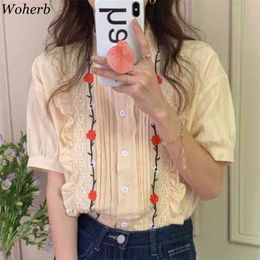 Womens Tops Chic Embroidery Floral Shirts Sweet Ruffles Stand Neck Blouses Vintage Blusas Mujer De Moda Verano 95672 210519