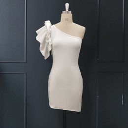 Sexy White Mini Pencil Dress for Women Body Con Party Club Wear Bare Shoulder Ladies Ruffles Tight Vestidos Dresses 210527