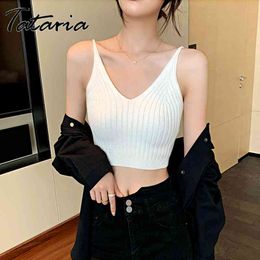 Summer Knitted Tank Tops Women Solid Camisole Vest Simple Ladies Slim Sling V Neck Sexy Backless Mini Short Pink Top Camis 210514