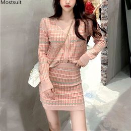 Autumn Elegant Fashion 2 Piece Set Women Long Sleeve Single Breasted Cardigan Plaid Tops And Mini Skirt Sets Suit Korean 210514