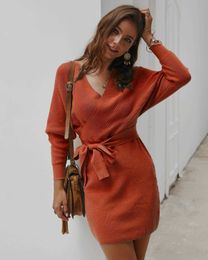 Sexy Bodycon Wrap Sweater Dress Women Autumn 2020 Long Sleeve Sashes Tied Mini Casual Cotton Knitted Elegant Winter Dress Cloth Y0603