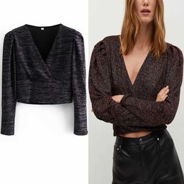 Za Cropped Sparkled Top Women Long Puff Sleeve V Neck Vintage Blouse Female Fashion Inner Lining Pleated Short Shirts 210602