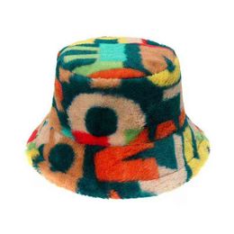 Harajuku Bucket Hat Graffiti Letter Print Faux Fur Thick Warm Winter Hats For Women Lady Bob Panama Outdoor Plush Fisherman Hats Y220301