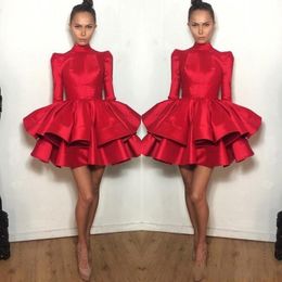 short high neck homecoming dresses Australia - Red Short Homecoming Dresses High Neck Tiered Satin Above Knee Length A Line Puffy Cocktail Party Dress Teen Girls Long Sleeves Special Occasion Gowns