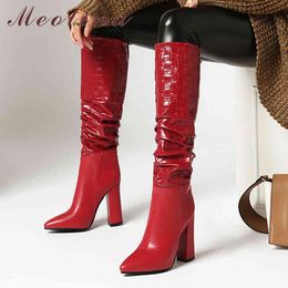 Knee High Boots Women Shoes Pleated Extreme Heel Long Pointed Toe Block Heels Fashion Lady Winter Red 210517